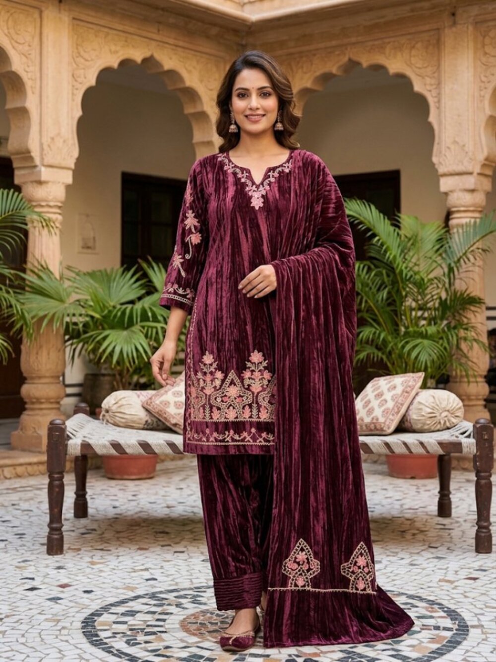 Women's Deep Wine Velvet Embroidered Kurta Set – 3-Piece Elegant Ethnic Festive